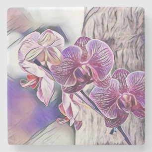 Purple orchid flower on a wooden log painting stone coaster