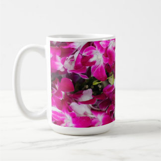 Purple orchid flowers background coffee mug