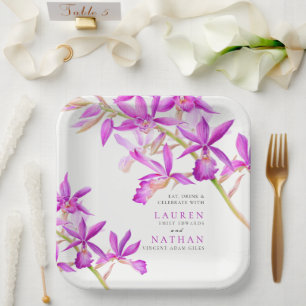 Purple orchid flowers watercolor botanical wedding paper plate