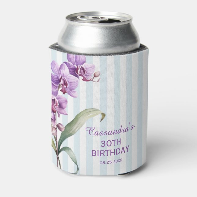 Purple Orchid Green Stripes Floral 30th Birthday  Can Cooler (Can Back)