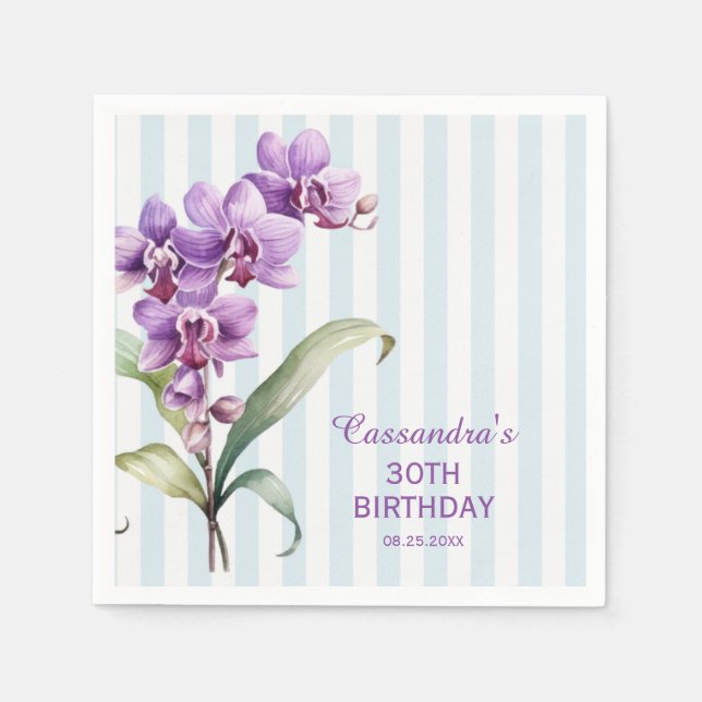 Purple Orchid Green Stripes Floral 30th Birthday  Napkin (Front)