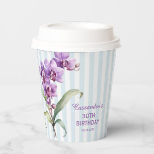 Purple Orchid Green Stripes Floral 30th Birthday Paper Cups