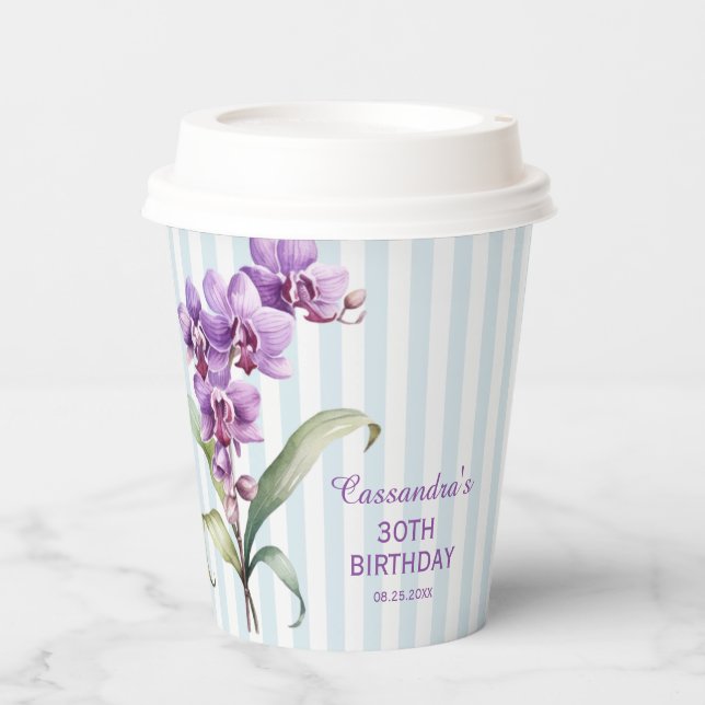 Purple Orchid Green Stripes Floral 30th Birthday  Paper Cups (Front)