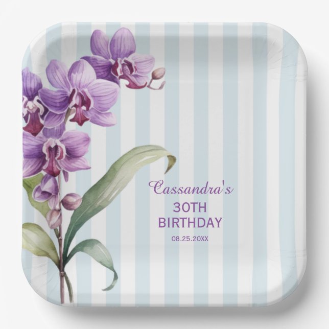 Purple Orchid Green Stripes Floral 30th Birthday  Paper Plate (Front)