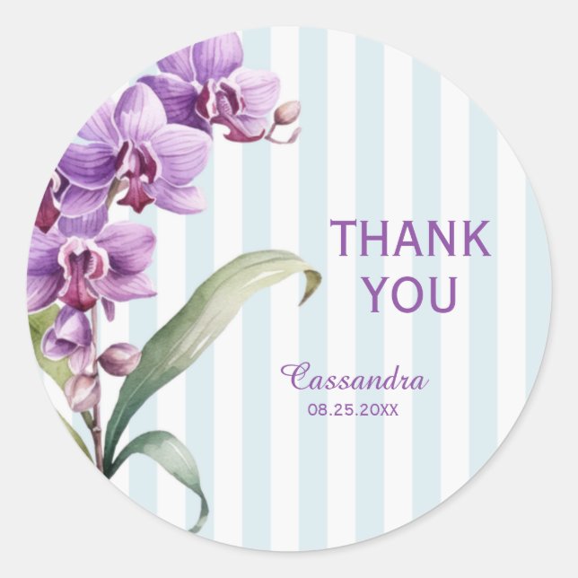 Purple Orchid Green Stripes Floral Thank You Classic Round Sticker (Front)