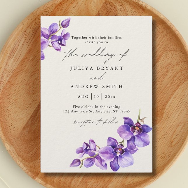 Purple Orchid in Cream script wedding Invitation (Creator Uploaded)