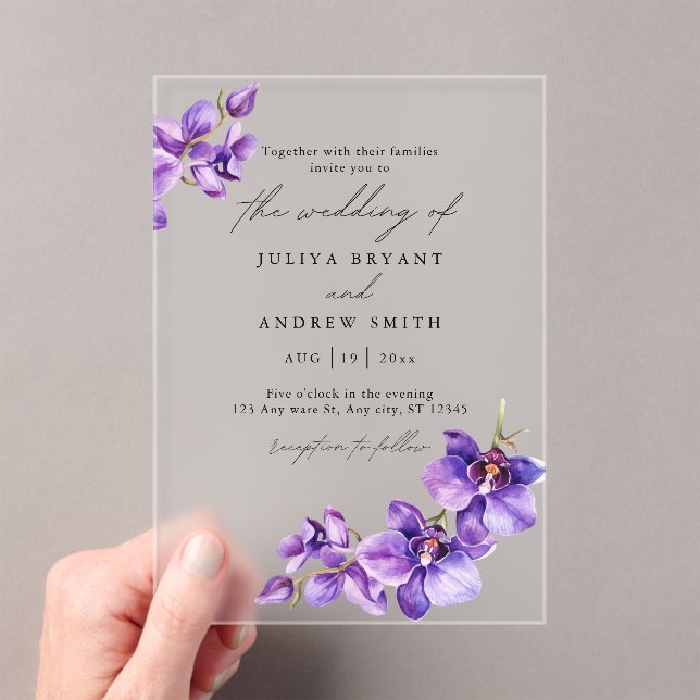 Purple Orchid in white script wedding Acrylic Invitations (Insitu (Handheld))