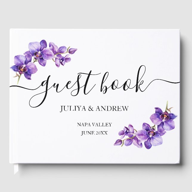 Purple Orchid in white script wedding  Guest Book (Front)