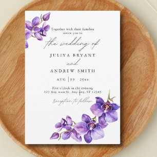 Purple Orchid in white script wedding Invitation