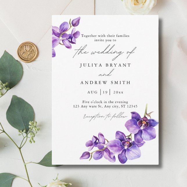 Purple Orchid in white script wedding Invitation (Creator Uploaded)