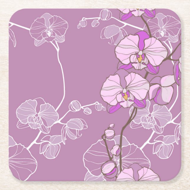 Purple Orchid Pattern Square Paper Coaster (Front)