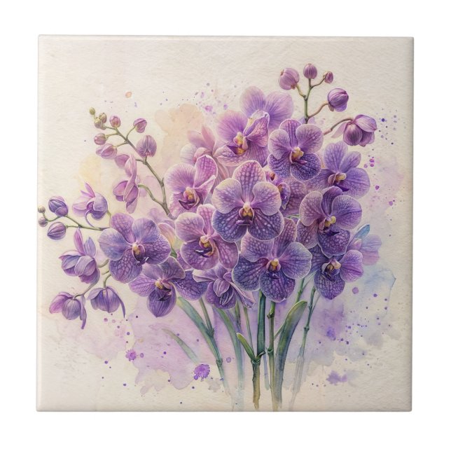 Purple Orchid Phalaenopsis Watercolor Art Tile (Front)