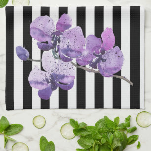 Purple Orchid Stripe Watercolor Flower Tea Towel