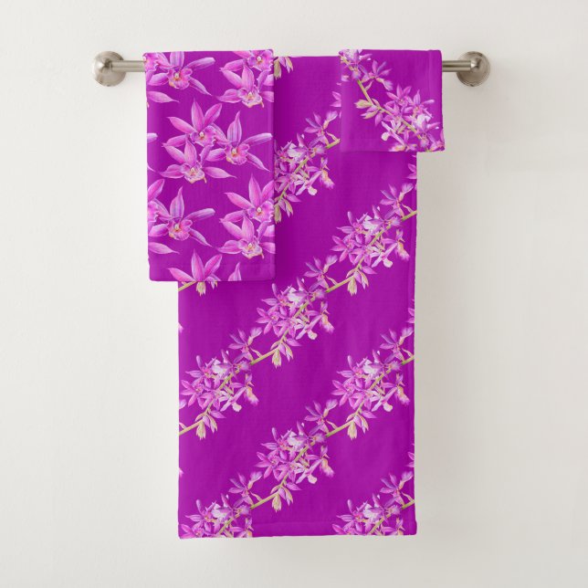 Purple orchid watercolor art wedding bath towel set (Insitu)