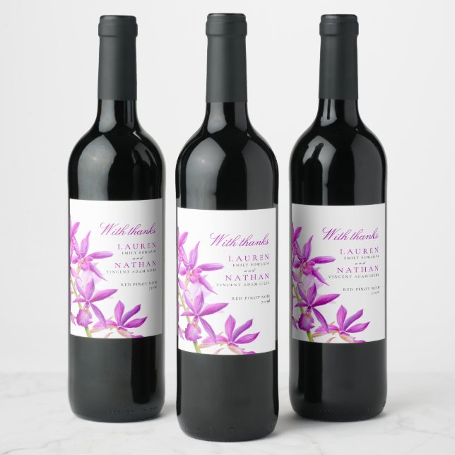 Purple orchid watercolor botanical wedding thanks wine label (Bottles)