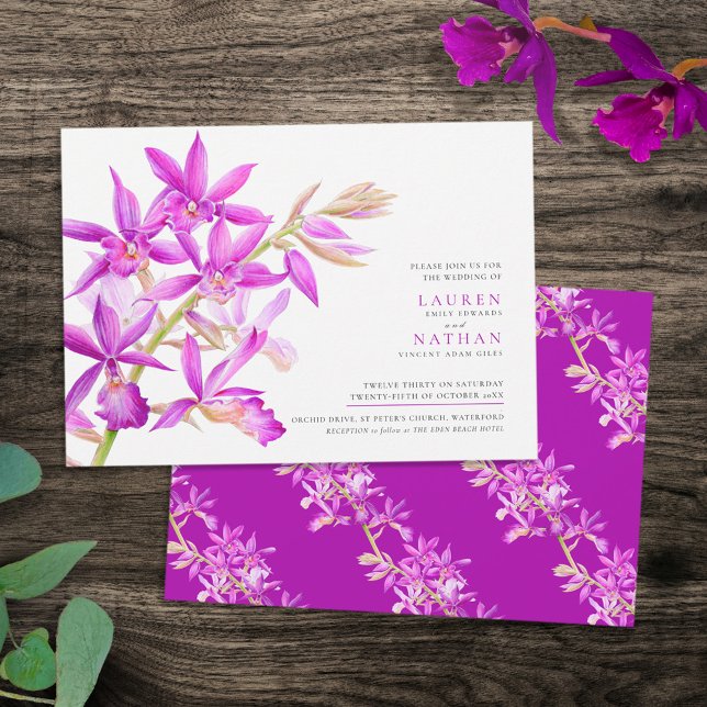 Purple orchid watercolor modern botanical wedding invitation (Creator Uploaded)