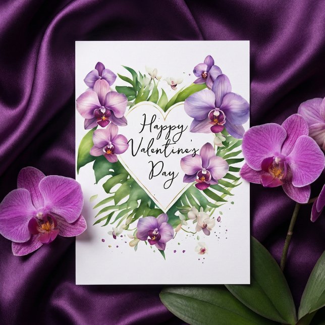 Purple Orchid Watercolor Tropical Valentine's Card (Creator Uploaded)