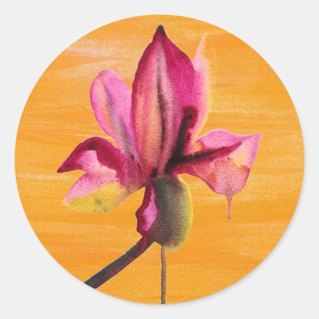 Purple Orchid watercolour orange pop art flower Classic Round Sticker (Front)