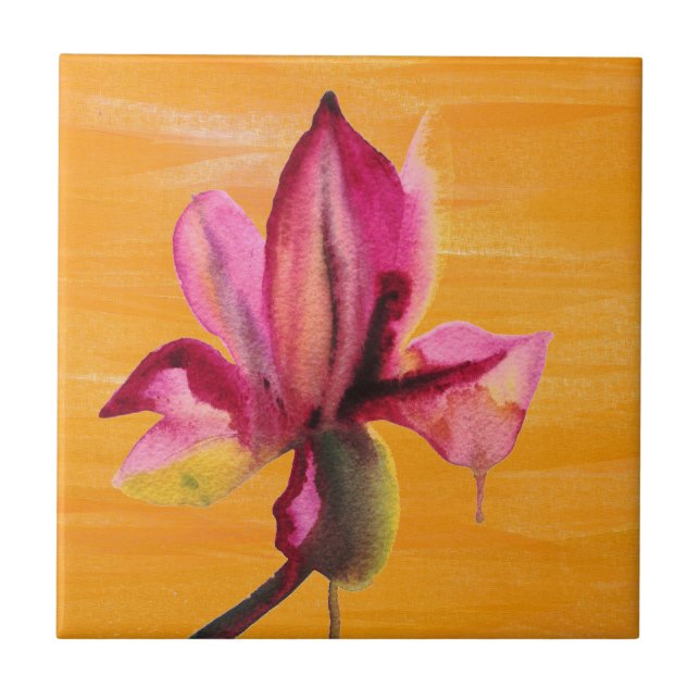 Purple Orchid watercolour orange pop art flower Tile (Front)