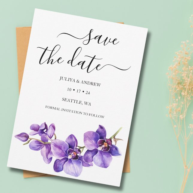 Purple Orchid white script unique wedding  Save The Date (Creator Uploaded)