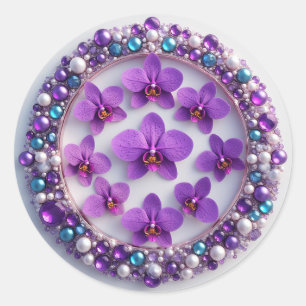 Purple Orchid Wreath Decor With Pearls Classic Round Sticker