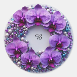 Purple Orchid Wreath Decor With Pearls Classic Round Sticker