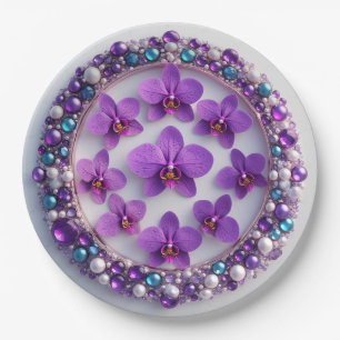 Purple Orchid Wreath Decor With Pearls Paper Plate