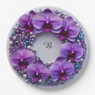 Purple Orchid Wreath Decor With Pearls Paper Plate