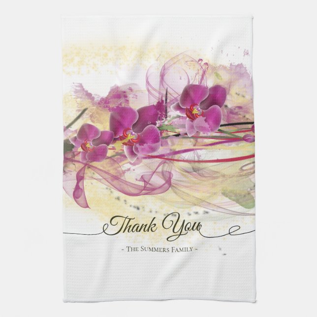 Purple Orchids Abstract Art Calligraphy Tea Towel (Vertical)