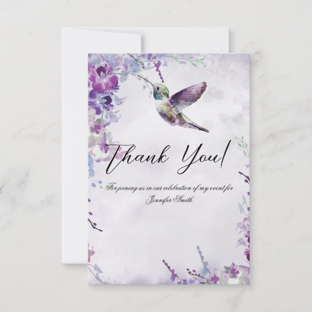 Purple Orchids Hummingbird Thank You Card (Front)