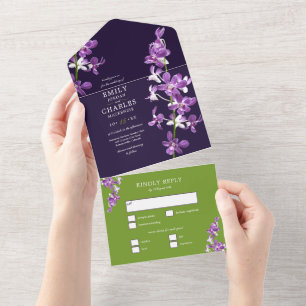 Purple Orchids, Modern Elegant Wedding All In One  Invitation