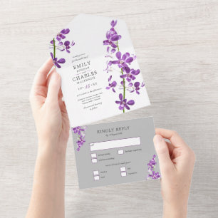 Purple Orchids, Modern Elegant Wedding All In One  Invitation