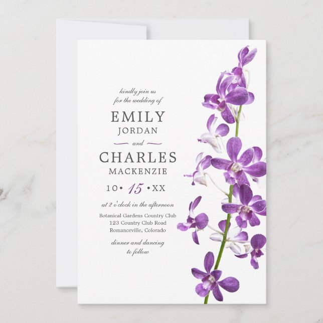 Purple Orchids, Modern Elegant Wedding Invitation (Front)