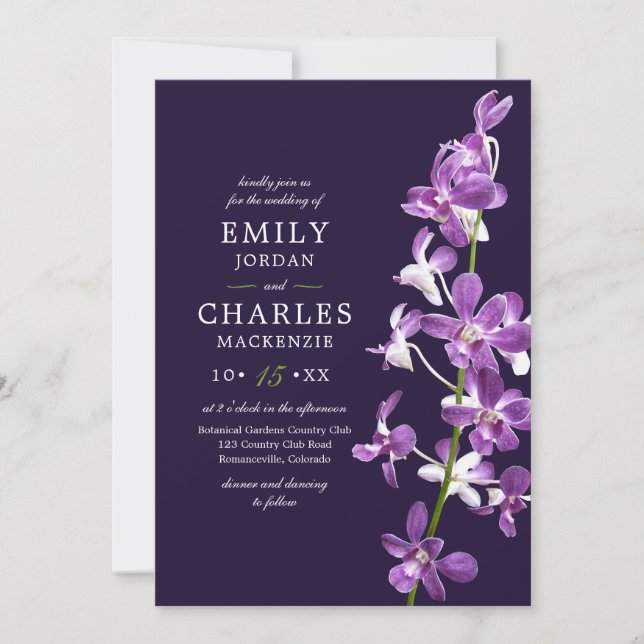Purple Orchids, Modern Elegant Wedding Invitation (Front)
