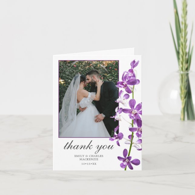 Purple Orchids, Modern Elegant Wedding Thank You C (Front)