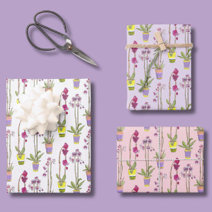 Purple Orchids Whimsical Floral Wrapping Paper Set