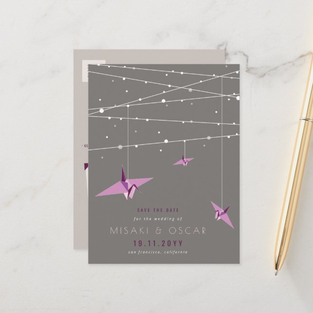 Purple Origami Paper Cranes Asian Save The Date Announcement Postcard (Front/Back In Situ)