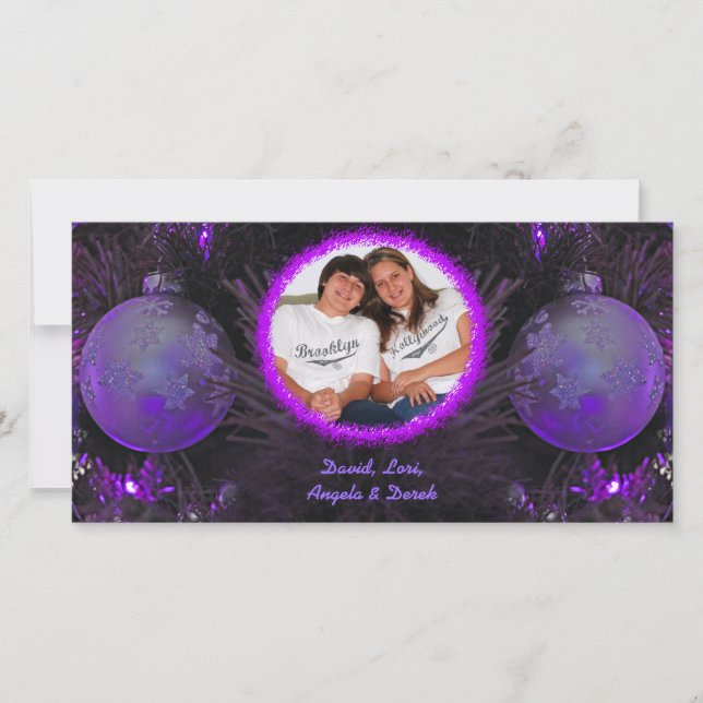 Purple Ornaments Christmas Photo Card (Front)