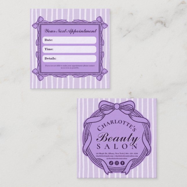 Purple Ornate Bow Frame Appointment Reminder Card (Front/Back)