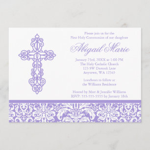 Purple Ornate Cross Damask Girl First Communion Invitation