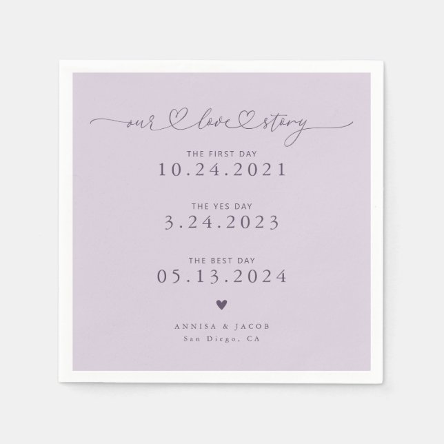 Purple Our Love Story Script Hearts Wedding Napkin (Front)