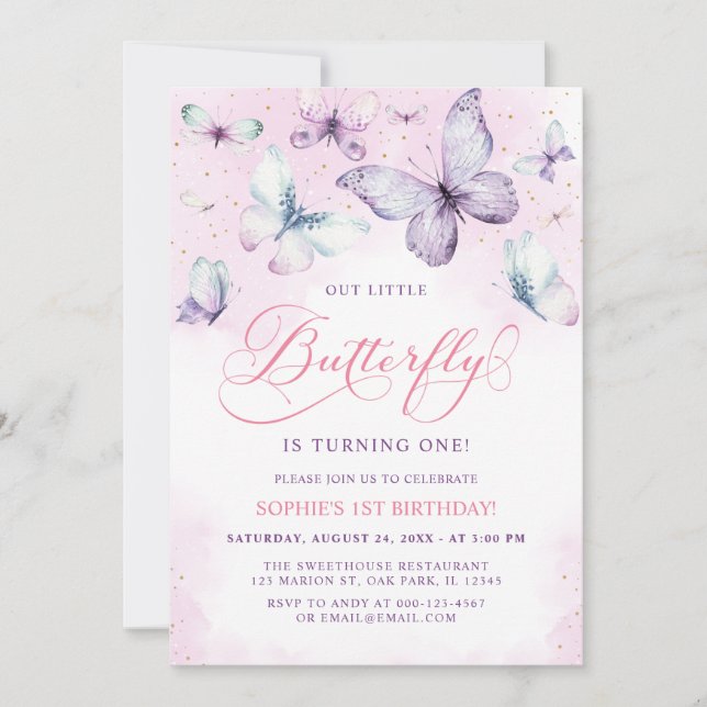 Purple Out Little Butterfly Baby Girl 1st Birthday Invitation (Front)