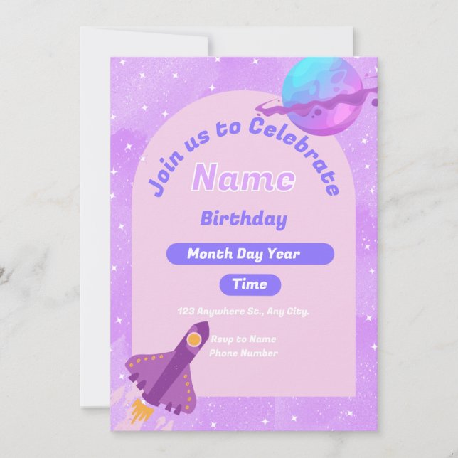 Purple Outer Space Birthday Invite (Front)