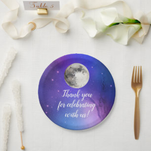 Purple Outer Space Stars Over the Moon Celestial Paper Plate