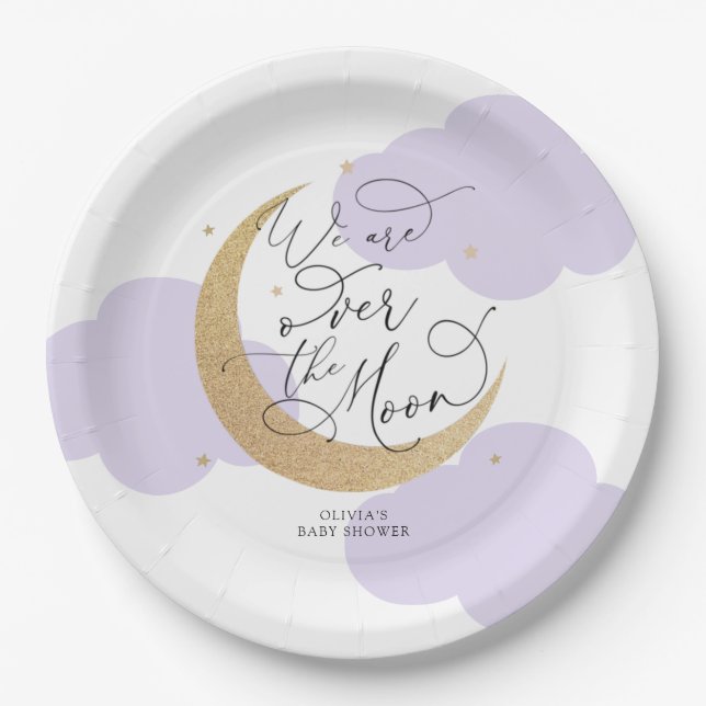Purple Over the Moon Baby Shower Paper Plate (Front)