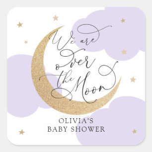 Purple Over the Moon Baby Shower Square Sticker
