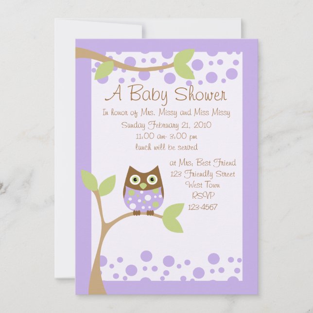 Purple Owl Baby Shower Invitation (Front)