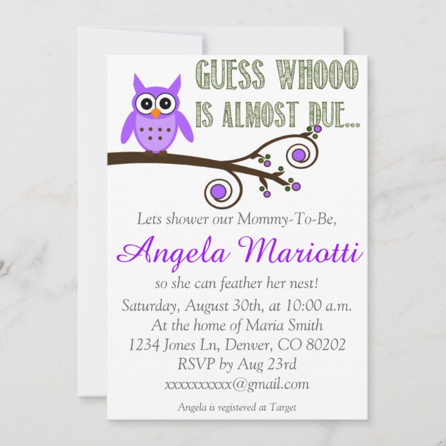 Purple Owl Baby Shower Invitation (Front)