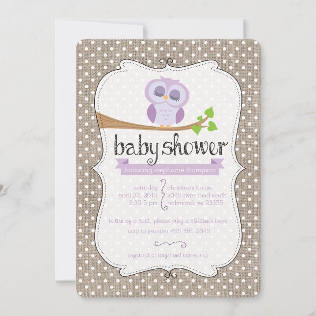Purple Owl Burlap Dots Baby Shower Invitation (Front)
