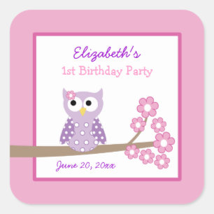 Purple Owl Girl Square Favour Stickers (6 Large)